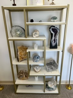 Crystal and geode collection on display at Fairfield Psychic
